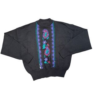 Vtg Wool Blend Sweater‎ Black Purple Floral Pullover Knit Granmacore Grunge PM